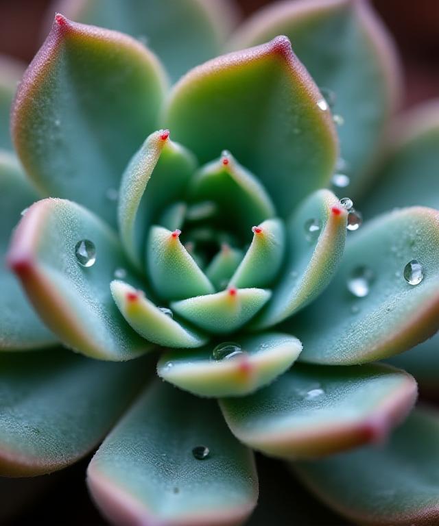 Primo piano di una pianta succulenta con gocce d'acqua sulle foglie.
