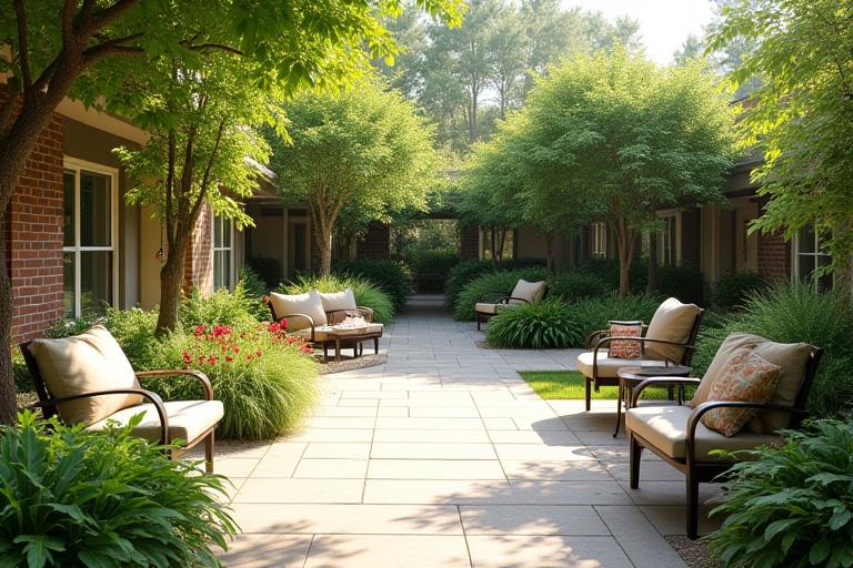 A peaceful outdoor garden and patio area for residents to relax.