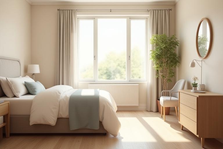 A clean and bright private resident room with a large window and comfortable bed.