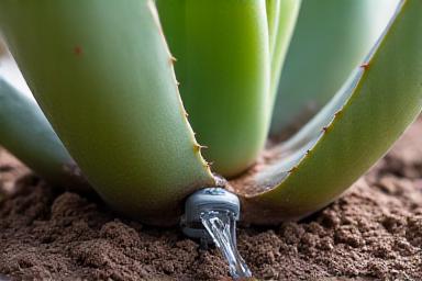 Sistema di irrigazione a goccia in funzione vicino a una pianta di agave.