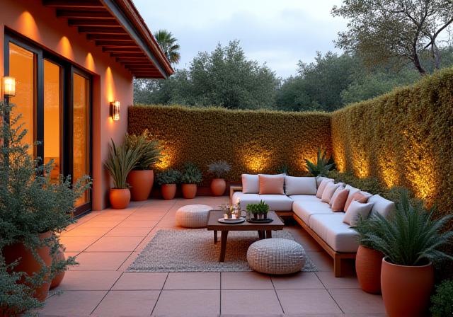 Terrazza trasformata con piante grasse in vasi di terracotta e illuminazione calda a Palermo.
