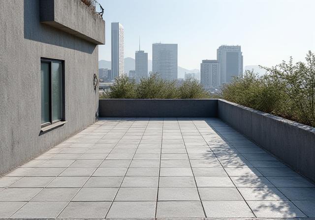 Terrazza vuota e spoglia con piastrelle grigie prima dell'intervento di Duna Verde a Palermo.