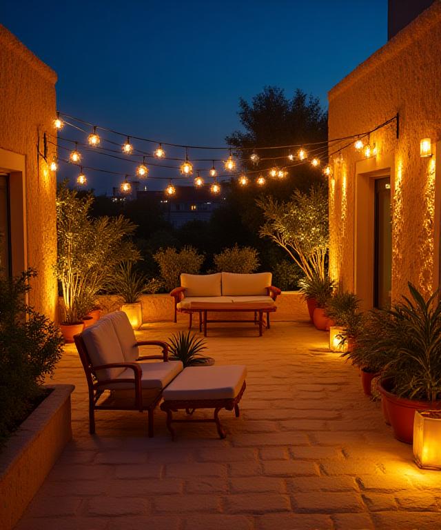 Terrazza a Palermo illuminata di notte con luci soffuse.